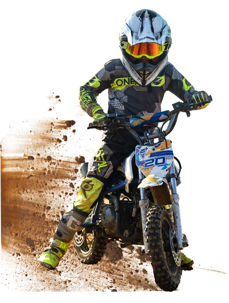 Boy riding Go-karts Quads & Bikes, dirt bike and spraying mud Contact banner